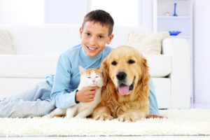 boy with pets on rug